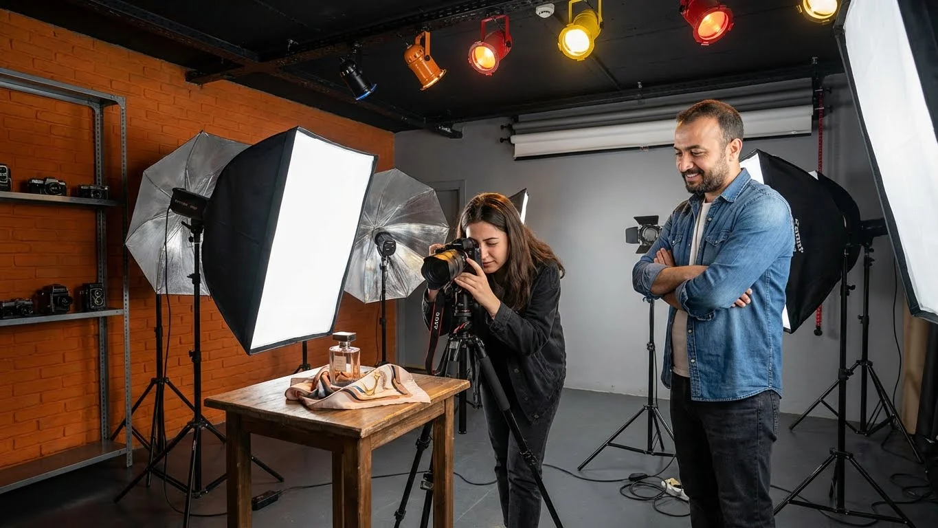 Ürün fotoğrafçılığı kursu stüdyo uygulama saati.