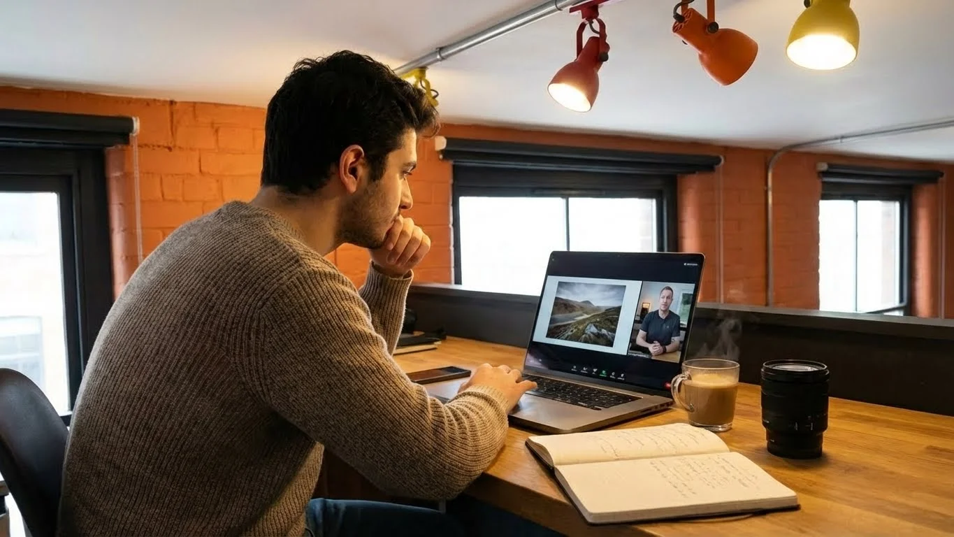 Ev konforunda online fotoğrafçılık kursu alan öğrenci, interaktif canlı derse katılırken.