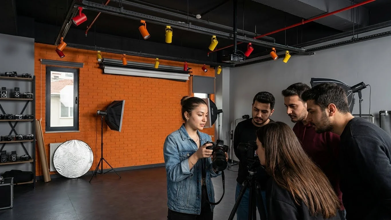 Fotoğrafta 1/3 kuralı nedir sorusuna yanıt arayan fotoğrafçılık eğitimi öğrencileri.