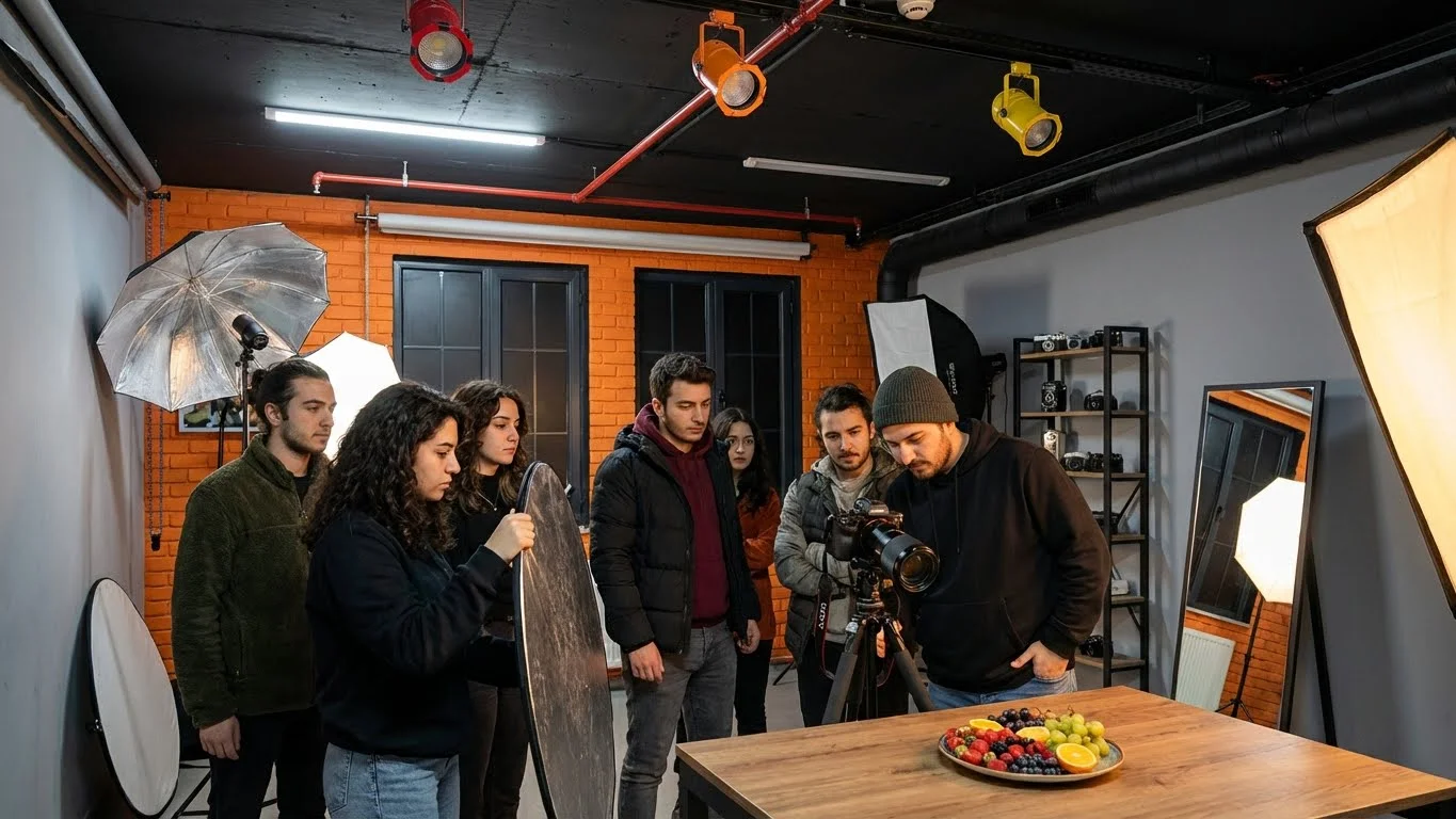 Yemek fotoğrafçılığı kursu stüdyo uygulama çalışmaları ve profesyonel ekipman kullanımı.